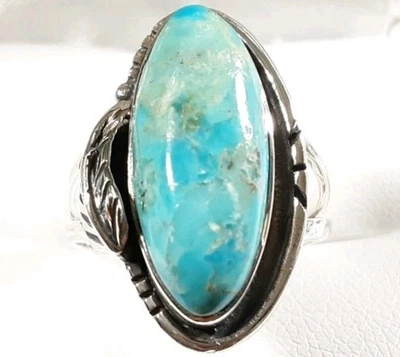 925 STERLING SILVER ETCHED FEATHER SHADOWBOX TURQUOISE SIZE 6 RING 5.0g - Image 1 of 4