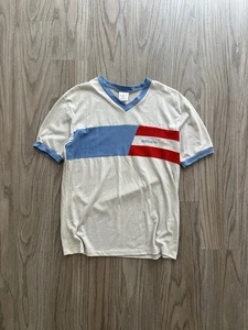 Vintage Adidas 80s trefoil spell out Grey Red Blue V-neck T-shirt Sz L - Bild 1 von 3