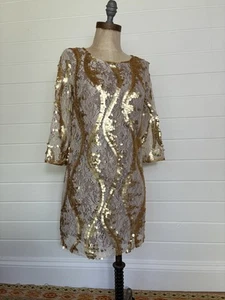 GOLD SEQUIN CREAM LACE MINI DRESS PRIMARK SIZE 8 - Picture 1 of 12