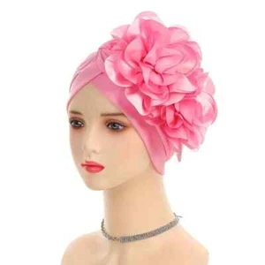 Elegante Satin Blumen Turban Mütze für Frauen dehnbar bequem Kopftuch rosa - Bild 1 von 1