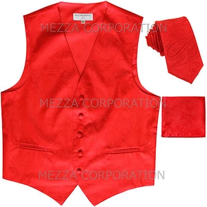New Men's Vesuvio Napoli Paisley Tuxedo Vest 2.5" Skinny Necktie set party Red - Picture 1 of 5