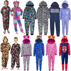 Kids All In One Fleece Pyjamas Girls/Boys Childrens Jumpsuit 2-13 Years