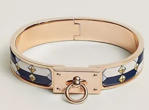 HERMES CLIC ANNEAU Bracelet Colliers De Chiens Rose Gold Blue Enamel PM Birkin - Picture 1 of 7