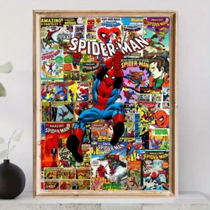 SPIDERMAN CANVAS PRINT UNFRAMED A COLAGE OF COMIC COVERS  30 x 40cm  FREE POST - Picture 1 of 5