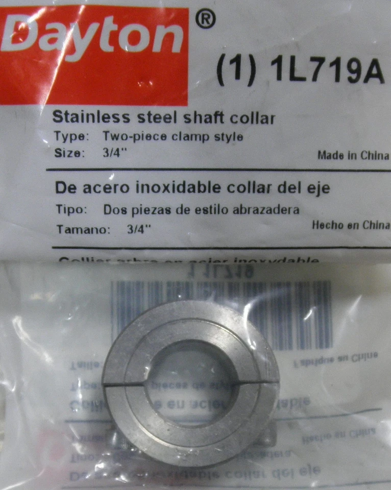 1L719A Cuello de eje 3/4" Cuello con abrazadera SS Dayton 1L719 2510-01-598-3421 550... Foto 1 de 1