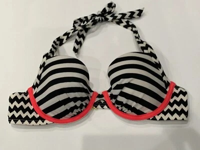 Top de bikini Victoria’s Secret Swim negro blanco a rayas halter rojo con aros 34B Foto 1 de 4