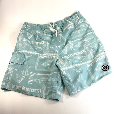 Newport Teal Blue / White Men's Swim Trunks XL Fish Design White Mesh Insert Tie - Image 1 of 4