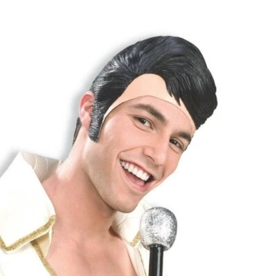 MÁSCARA PERUCA DE BORRACHA ELVIS Costeletas Falso Preto Látex Cabelo Presley Engraçado Chapéu Adulto - Imagem 1 de 4