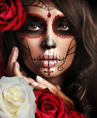 Raquel Daniel Esparza Art Canvas Giclee Woman Dia de Los Muertos Rose Calavera - Image 1 of 2