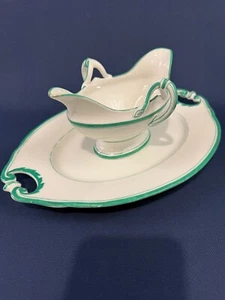 Antique white porcelain gravy boat & small plater c.1870s blue/green trim - Picture 1 of 15