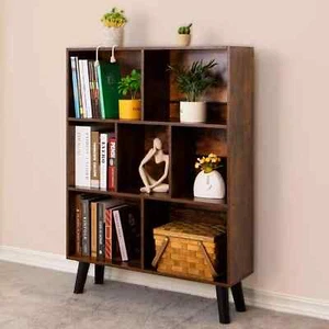 Cube Bookshelf 3 Tier Mid-Century Rustic Brown Modern Bookcase with Legs,Retro W - Picture 1 of 9