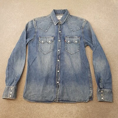 Levis Mens Shirt Medium Blue Denim Sawtooth Pocket Cowboy Western Pearl Snap - Image 1 of 4