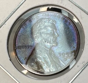 1955 Denver Mint Lincoln Wheat Ears Cent Penny HEAVY BLUE/PURPLE TONED 🤩CRH1246 - Picture 1 of 7