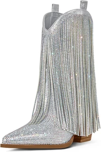 Ouepiano Cowboy Boots for Women - Cowgirl Rhinestone Boots with Sparkly Fringe P - Picture 1 of 12