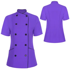 Women Jacket Kitchen Coat Cafe Tops Collar Short Sleeve Canteen Chef Cooking - Picture 1 of 77
