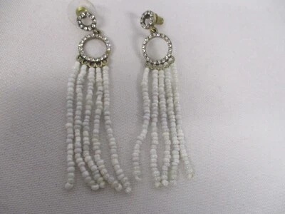 PRETTY CRYSTAL CIRCLE EARRINGS with WHITE GLASS BEAD DANGLE ~ 3" - Image 1 of 2