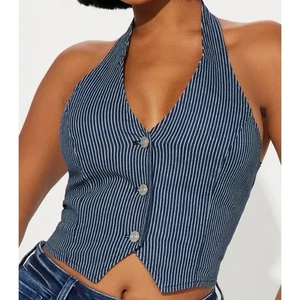 Chaleco a rayas Edit by Nine Halter Denim Pin Chaleco Top Talla Baja Espalda Calce Ajustado Y2K - Imagen 1 de 12
