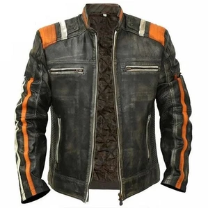 Men Vintage Style Retro Café Racer Contrast Striped Distressed Black Jacket - Picture 1 of 6