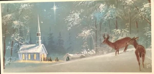 Vintage Weihnachtsgrußkarte schöner Hirsch beobachtet Menschen beim Betreten der Kirche Stern - Bild 1 von 4