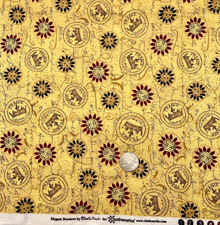 ELEGANT ROOSTERS by Dan Di Paolo for Clothworks Red Black Floral on Gold 3/4 yd - Image 1 of 1