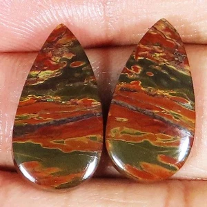 Coppia di DIASPRO TORRENTE CILIEGIA NATURALE 16,55 Cts Pera Cabochon 11x21x3 mm Pietra Preziosa S55 - Foto 1 di 6