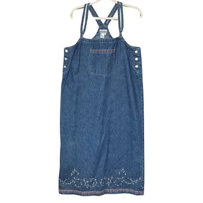 Vintage Coldwater Creek Denim Jumper Dress Women's Size Petite L Embroidered - Image 1 of 4