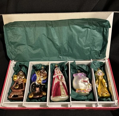 全新带盒迪士尼美女与野兽魔法圣诞吹制玻璃装饰品套装 — 第 1/4 张图片