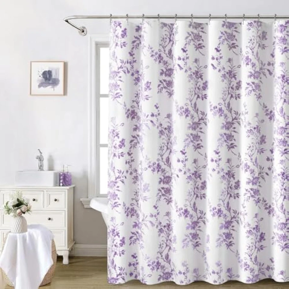 Cortina de ducha púrpura, algodón floral cottagecore cortina de ducha de resorte  Foto 1 de 1