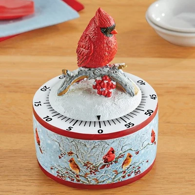 Snowy Winter Cardinal on Branch Resin 60-Minute Wind Up Mechanical Kitchen Timer - Image 1 of 4