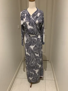 Belle Bird sz 14 navy blue white jersey long sleeve wrap dress - Picture 1 of 5