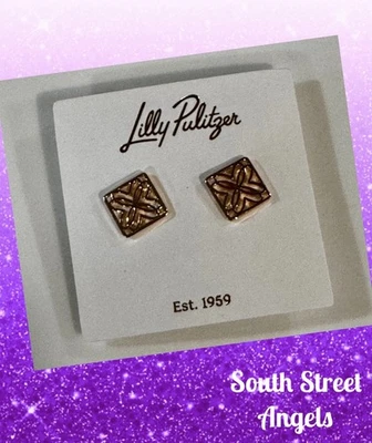 LILLY PULITZER  LOGO SQUARE GOLD STUD EARRINGS ~ BRAND NEW - Image 1 of 4