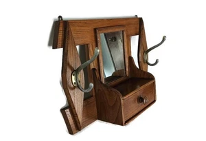 Vintage Wand Hängeschrank Rasur Medizin Spiegel geschnitzt Holz Haken  - Bild 1 von 12