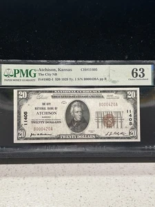 SASA 1929 City National Bank Of Atchison Kansas $20 Pmg Cu 63 Serial Number 420 - Picture 1 of 2