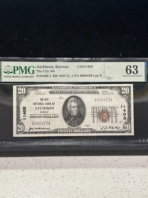 SASA 1929 City National Bank Of Atchison Kansas $20 Pmg Cu 63 Serial Number 420 - Image 1 of 2