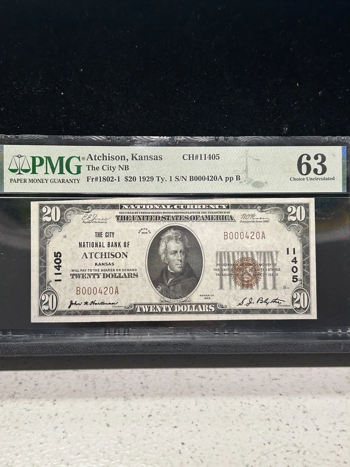 SASA 1929 City National Bank Of Atchison Kansas $20 Pmg Cu 63 Serial Number 420 - Image 1 of 2