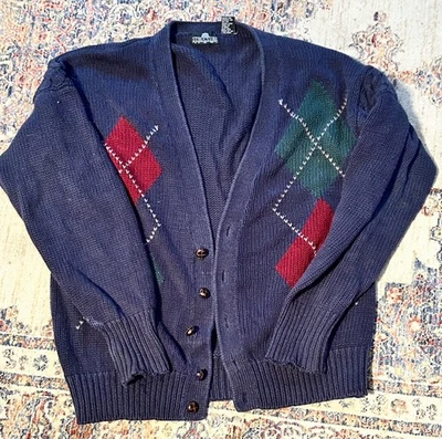 Vintage 90s Structure Heavy Cotton Argyle Boxy Baggy Fit Cardigan Men's XL - Image 1 of 4