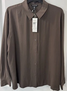 Eileen Fisher LARGE Brown Silk Georgette Crepe Classic Collar Shirt NWT $278 - Picture 1 of 8