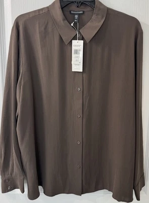 Camisa Eileen Fisher GRANDE Marrón Seda Georgette Crepé Cuello Clásico Nueva con Etiquetas $278 Foto 1 de 4