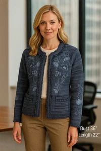 Chico's Womens Blue Embroidered Tweed Fringe Jacket Size 1/Medium Career Classic - Picture 1 of 13