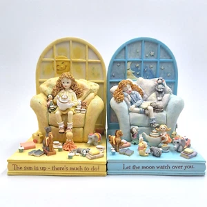 Sonne & Mond mit jungem Mädchen Buchstützen Tea Party Elefant Katze Affe Geschichtenbuch - Bild 1 von 19