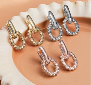 Double Link Twisted Hoops, Chic Dangle Hoop Earrings, Fashion Design Present - Picture 1 of 8