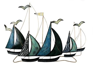 Contemporary Metal Wall Art Sculpture GREEN Sailing Boat At Sea 71 cm wide new - Picture 1 of 3