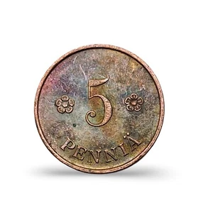 1921 Finland 5 Pennia - Lovely Reverse Rainbow Toning! - Combined Ship - Picture 1 of 2