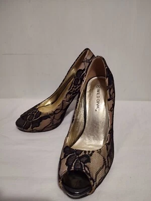 Zapatos de salón Wild Diva para mujer negros nude de encaje con punta abierta talla 7 Foto 1 de 4