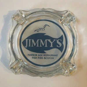CENICERO de publicidad de vidrio antiguo Jimmy's Harbor muelle de pesca restaurante lateral BOSTON - Imagen 1 de 1