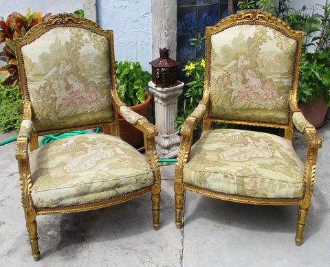 Pair of Antique French Louis XVI Gold Gilt Carved Tapestry Upholstered Armchairs Cover