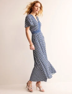 Boden Ellie Flutter Maxi Tea Dress Ivory Diamond Terrace Blue Geometric Size 8 - Picture 1 of 7