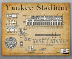 Poster - Yankee Stadium Blueprints Art Print - Choose Unframed Poster or Canvas - Picture 1 of 9