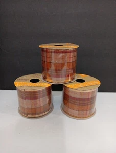 CRAFTERS SQUARE 2.5" X 108" DIY Plaid Fall Wire Edge Ribbon NEW 3 Rolls - Picture 1 of 5