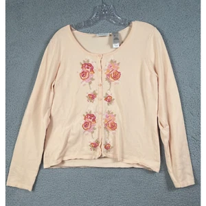 Villager by Liz Claiborne L Cardigan Embroidered Sweater Light Pink Pretty - Picture 1 of 9